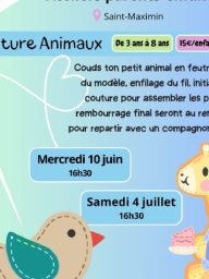 Atelier parent/enfant : Couture animaux -  (enfants 3 ans à 8 ans)