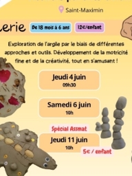 Atelier parent/enfant : Poterie -  (enfants 18 mois à 6 ans)
